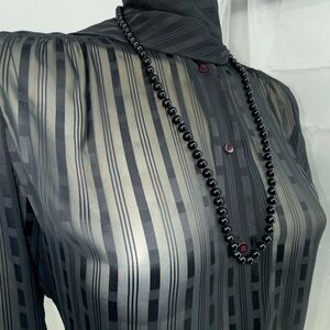 Vintage Monet 28” Black Bead Necklace Long Strand Gold Tone Signed Classic